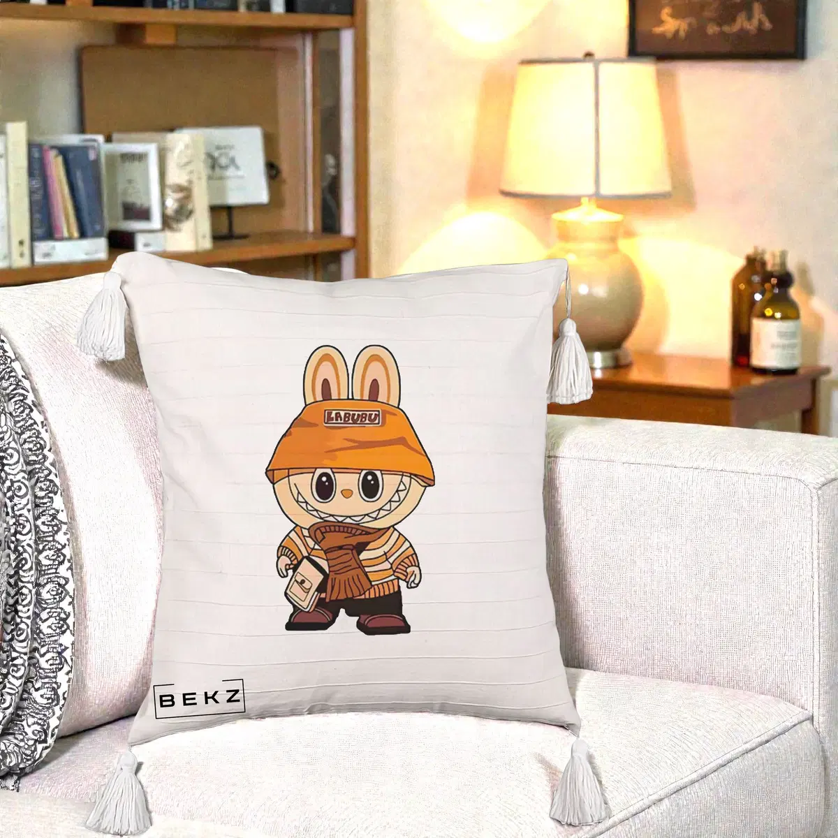 Perna Decorativa Labubu Streetwear Portocaliu, 40x40 cm, Bej cu Franjuri, Husa Detasabila, Perna, BEKZ®