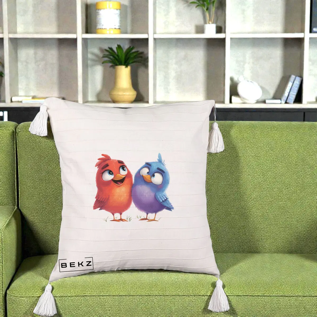 Perna Decorativa Pasarele Vesele Duo, 40x40 cm, Bej cu Franjuri, Husa Detasabila, Perna, BEKZ®