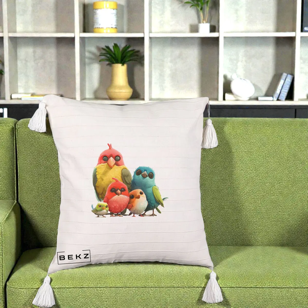 Perna Decorativa Familie de Pasarele Colorate, 40x40 cm, Bej cu Franjuri, Husa Detasabila, Perna, BEKZ®