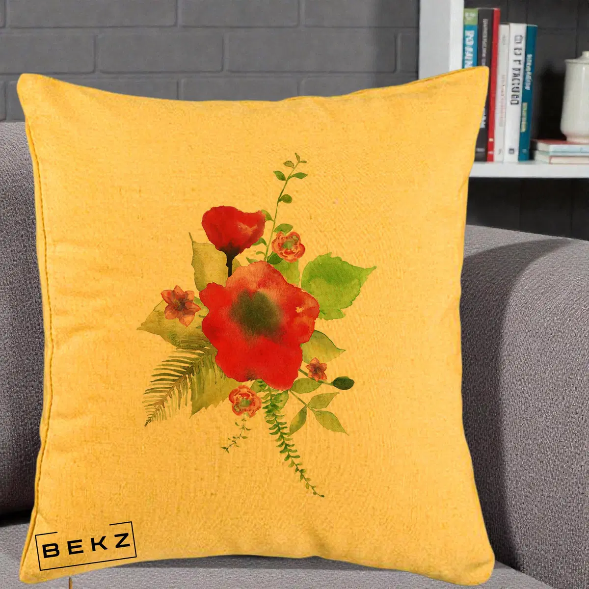 Perna Decorativa Buchet Rosu Acuarela, 40x40 cm, Galben, Husa Detasabila, Perna, BEKZ®