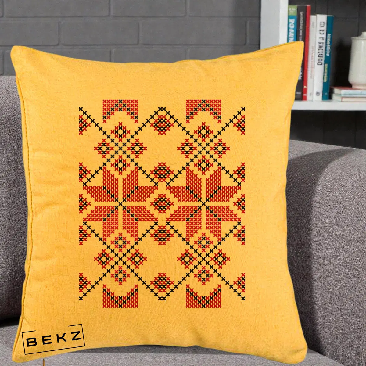 Perna Decorativa Motiv Traditional Cusatura Rosu-Negru, 40x40 cm, Galben, Husa Detasabila, Perna, BEKZ®