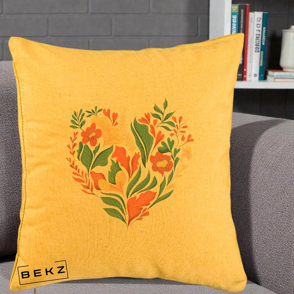 Perna Decorativa Inima Florala Botanica, 40x40 cm, Galben, Husa Detasabila, Perna, BEKZ®