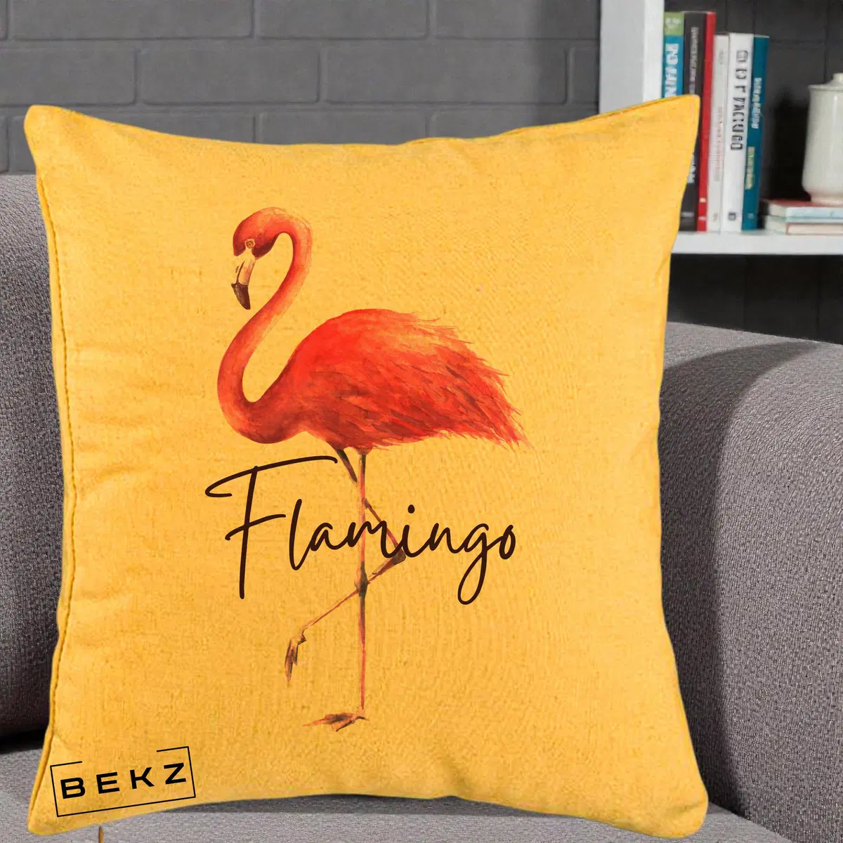Perna Decorativa Flamingo Acuarela, 40x40 cm, Galben, Husa Detasabila, Perna, BEKZ®