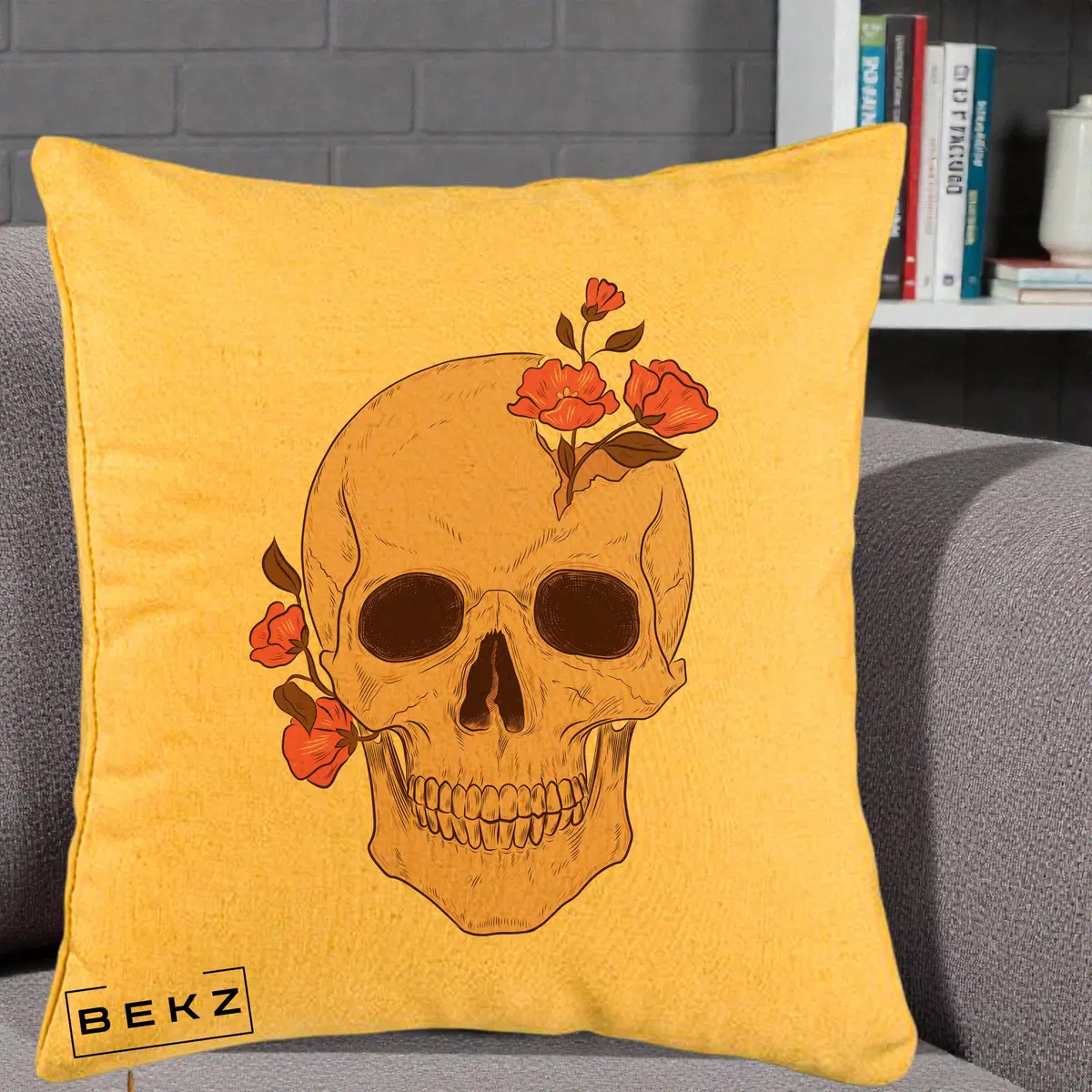 Perna Decorativa Craniu Floral Gothic, 40x40 cm, Galben, Husa Detasabila, Perna, BEKZ®