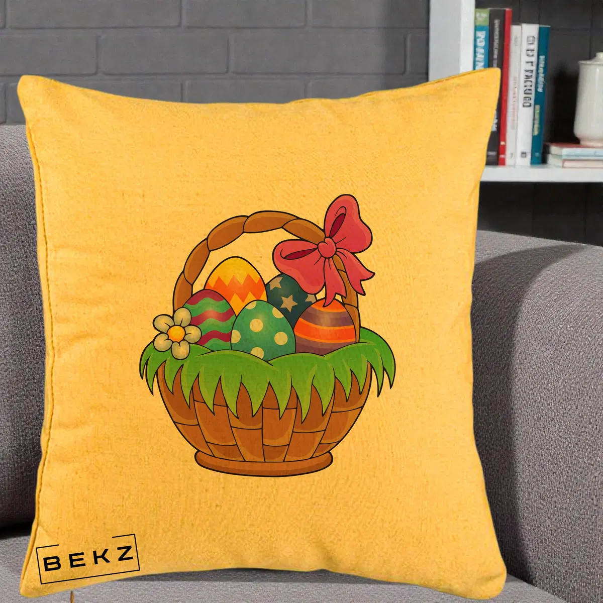 Perna Decorativa Cos cu Oua de Pasti Colorat, 40x40 cm, Galben, Husa Detasabila, Perna, BEKZ®