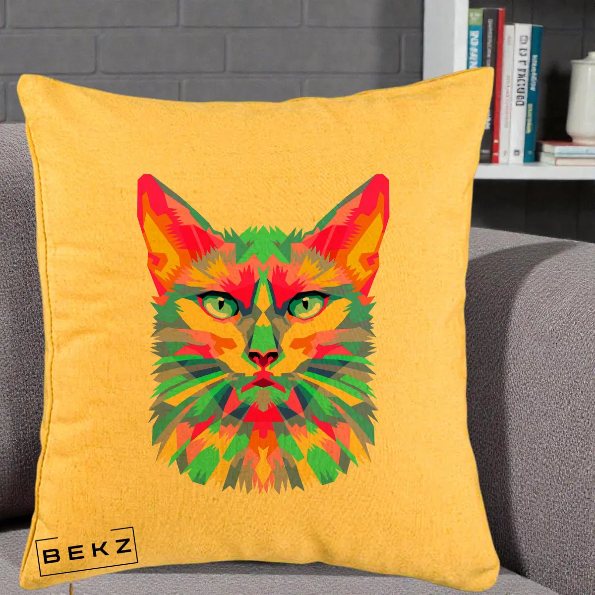 Perna Decorativa Pisica Pop Art Multicolor, 40x40 cm, Galben, Husa Detasabila, Perna, BEKZ®