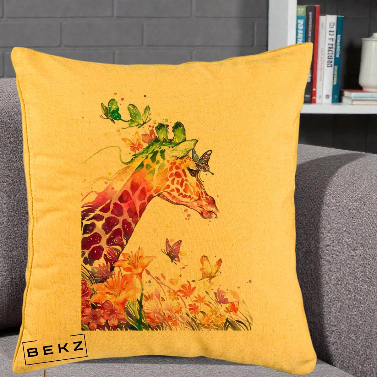 Perna Decorativa Girafa Curcubeu Acuarela, 40x40 cm, Galben, Husa Detasabila, Perna, BEKZ®
