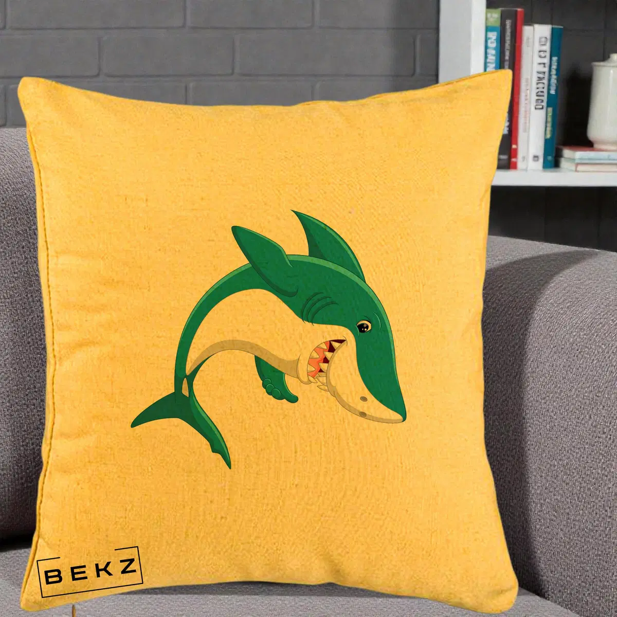 Perna Decorativa Rechin Albastru Cartoon, 40x40 cm, Galben, Husa Detasabila, Perna, BEKZ®