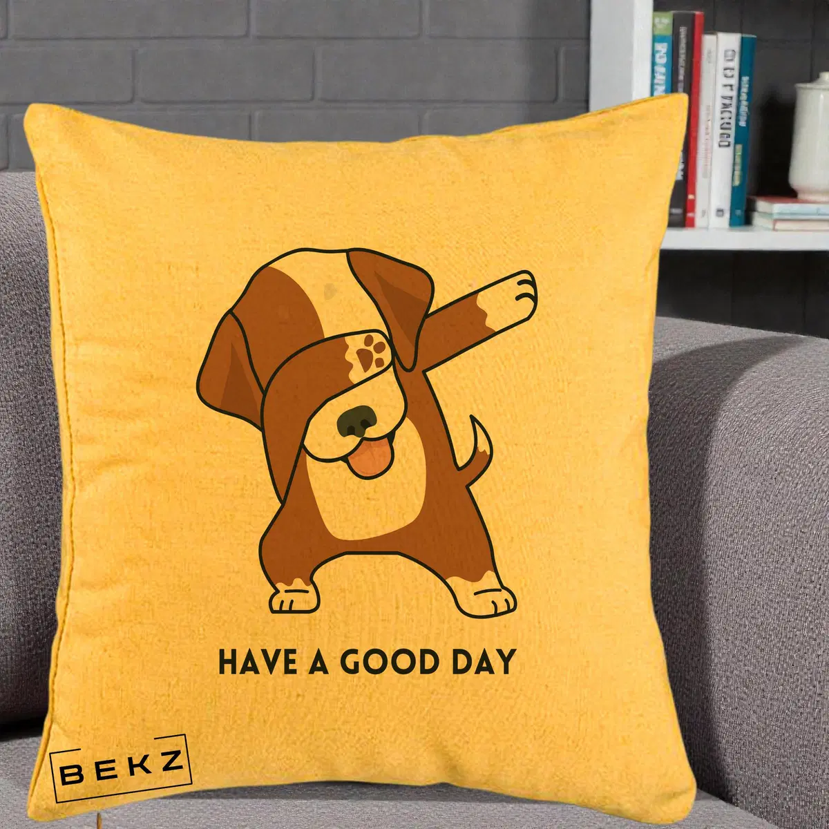 Perna Decorativa Caine Dab Have A Good Day, 40x40 cm, Galben, Husa Detasabila, Perna, BEKZ®