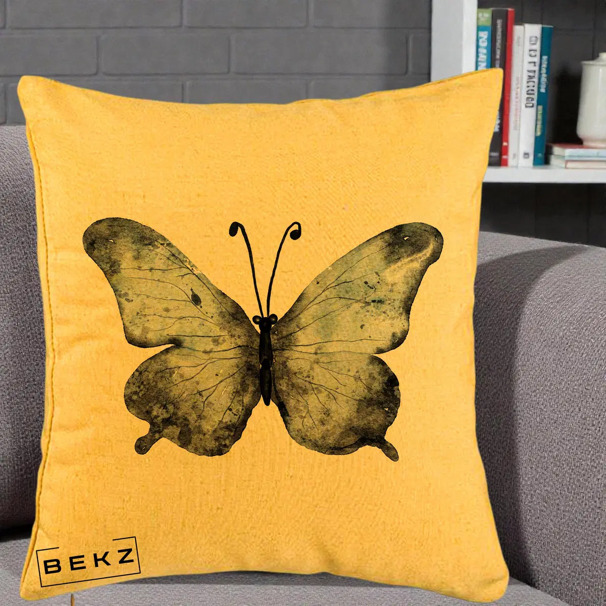 Perna Decorativa Fluture Acuarela Albastru-Gri, 40x40 cm, Galben, Husa Detasabila, Perna, BEKZ®