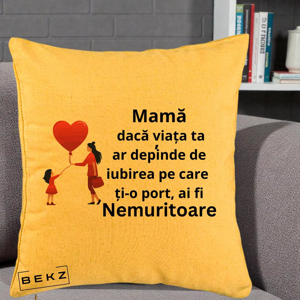 Perna Decorativa Mama Nemuritoare cu Bebelus Kawaii, 40x40 cm, Galben, Husa Detasabila, Perna, BEKZ®