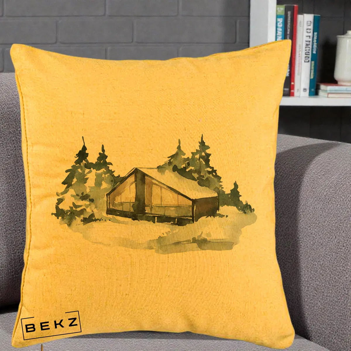 Perna Decorativa Cabana de Iarna in Padure, 40x40 cm, Galben, Husa Detasabila, Perna, BEKZ®