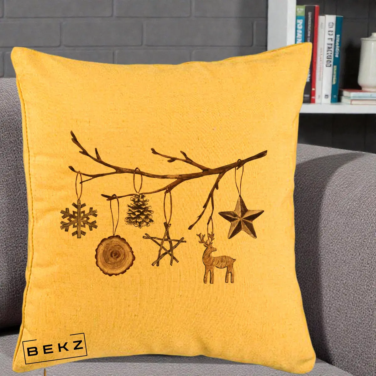 Perna Decorativa Ornamente de Lemn pe Ramura, 40x40 cm, Galben, Husa Detasabila, Perna, BEKZ®