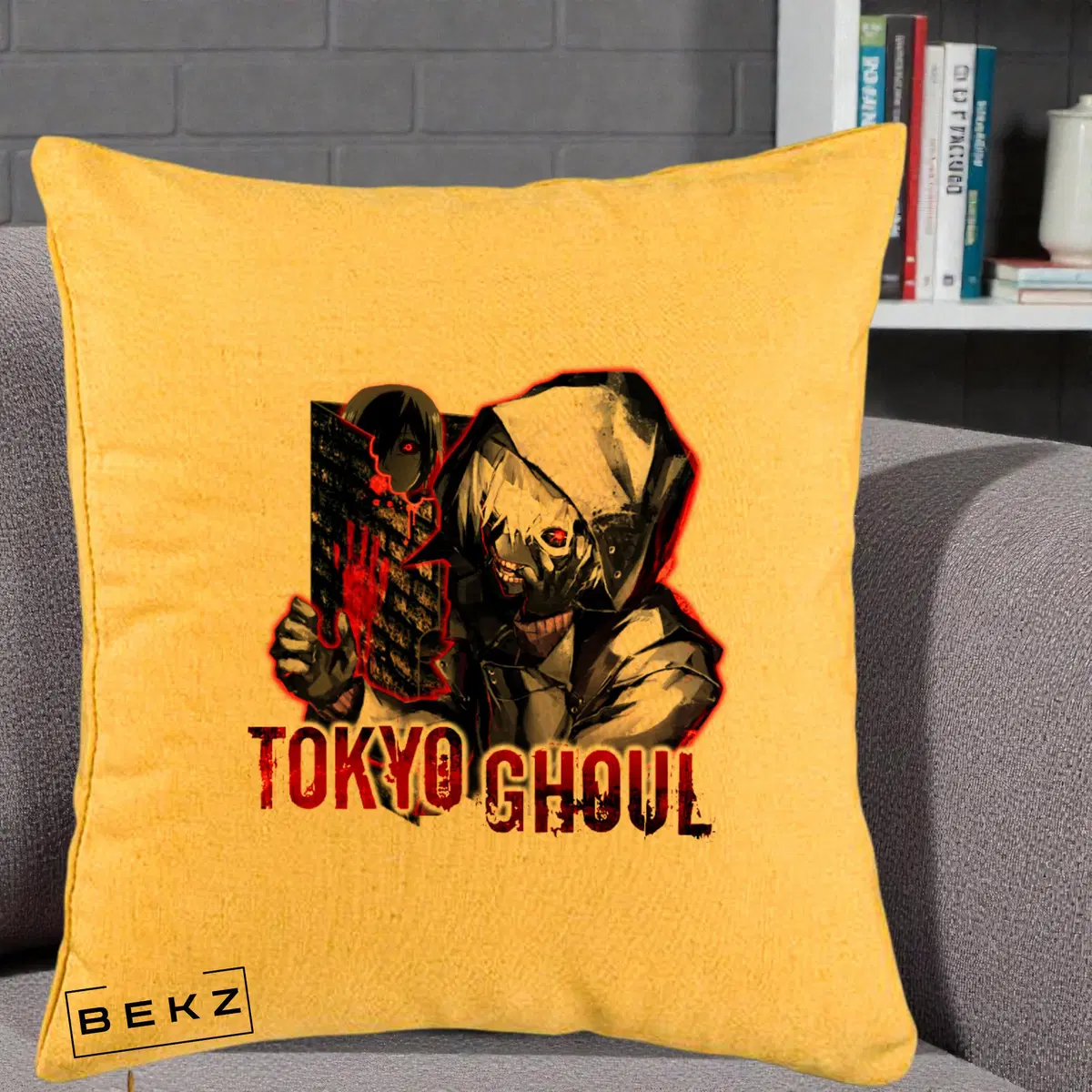 Perna Decorativa Tokyo Ghoul Ken Kaneki Anime, 40x40 cm, Galben, Husa Detasabila, Perna, BEKZ®