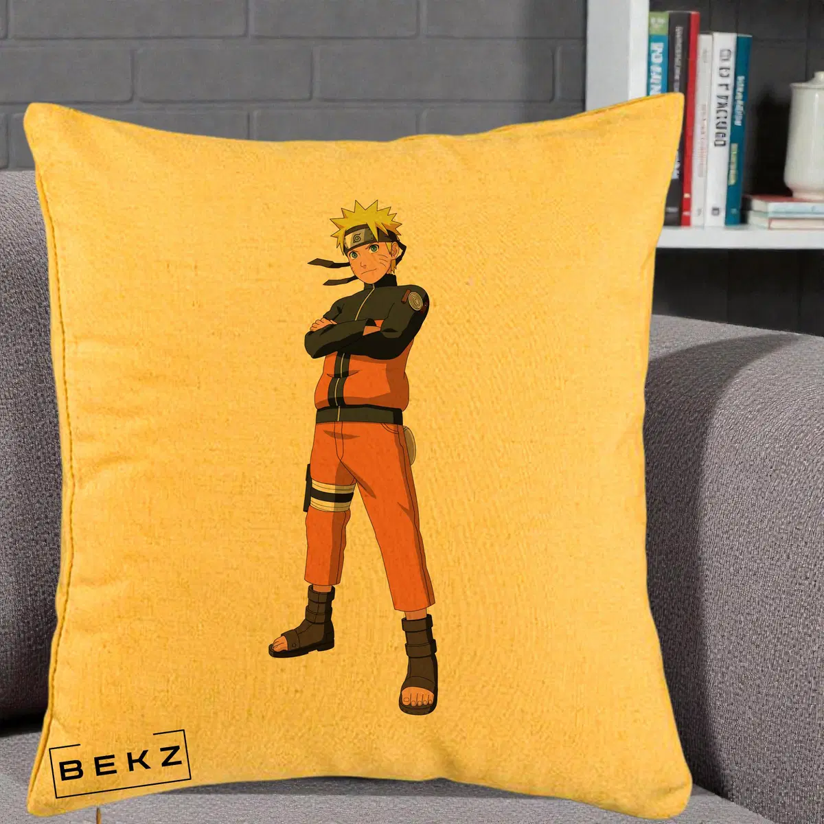 Perna Decorativa Naruto Uzumaki Portret Complet, 40x40 cm, Galben, Husa Detasabila, Perna, BEKZ®