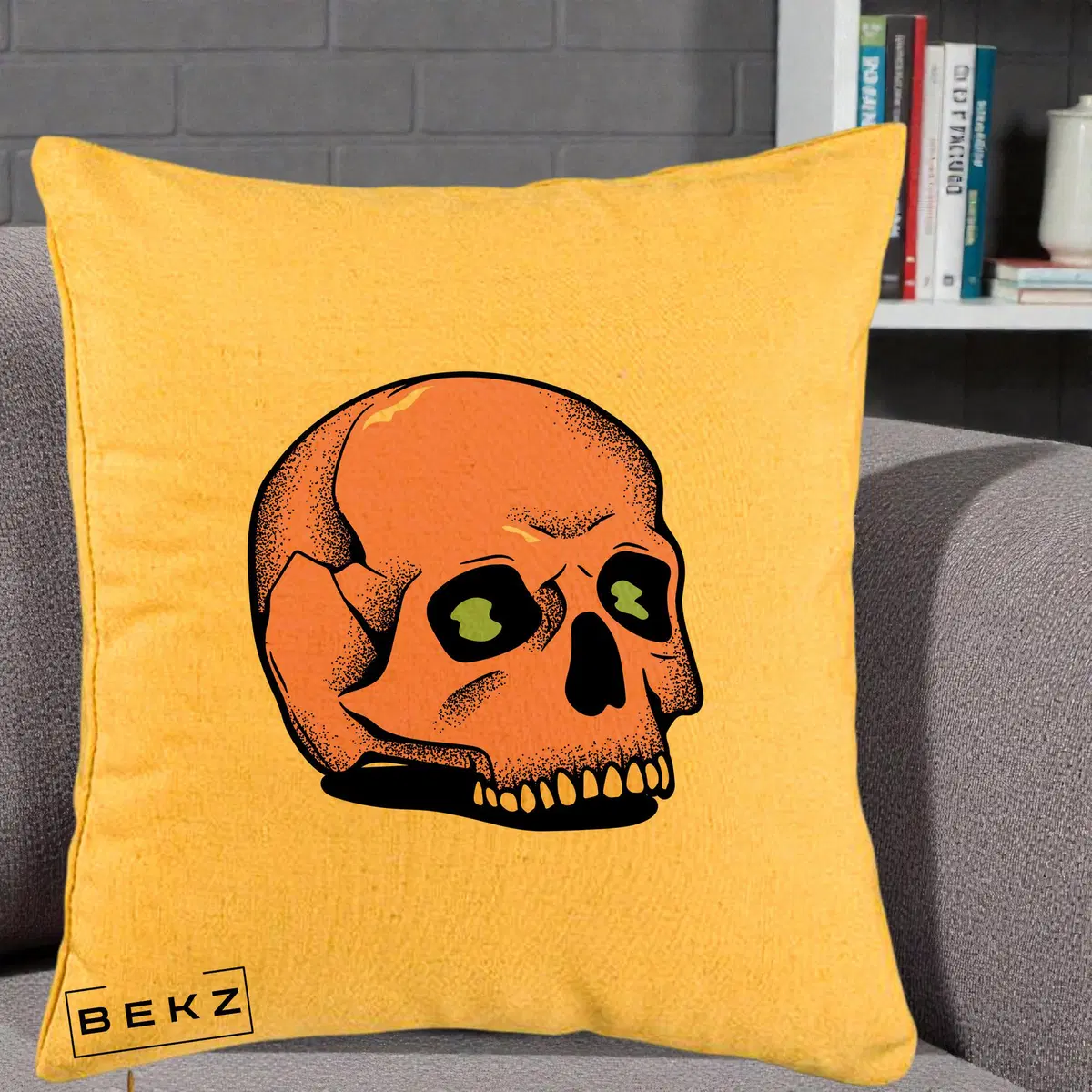 Perna Decorativa Craniu Roz Tatoo Art Halloween, 40x40 cm, Galben, Husa Detasabila, Perna, BEKZ®