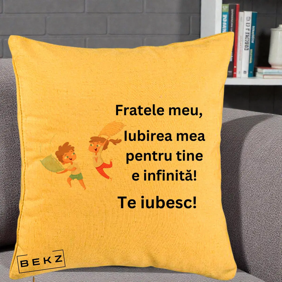 Perna Decorativa Fratele Meu Te Iubesc Copii Batalie Perne, 40x40 cm, Galben, Husa Detasabila, Perna, BEKZ®