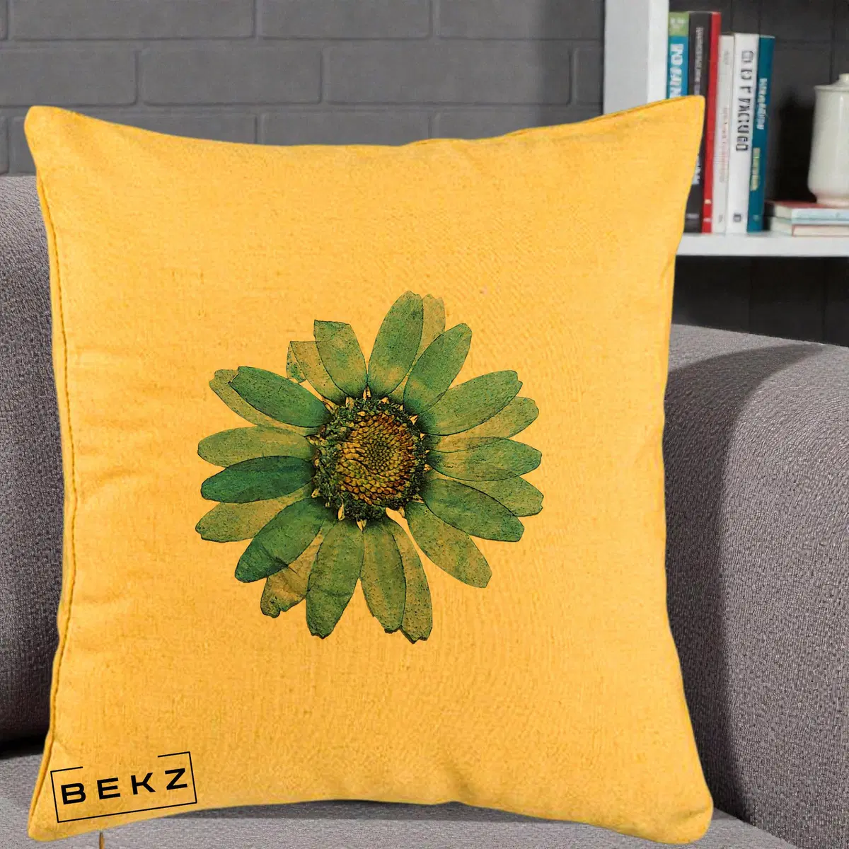 Perna Decorativa Floare Gerbera Teal Acuarela, 40x40 cm, Galben, Husa Detasabila, Perna, BEKZ®