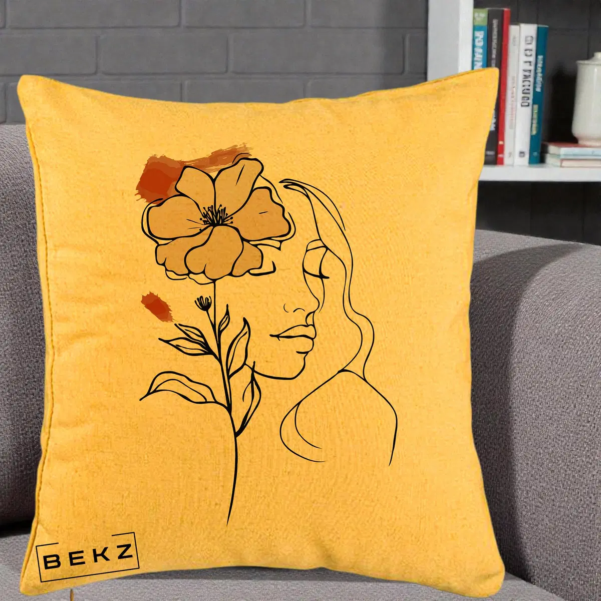 Perna Decorativa Portret Feminin Floare Bej Terracotta, 40x40 cm, Galben, Husa Detasabila, Perna, BEKZ®
