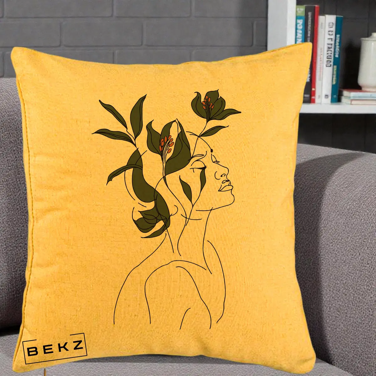 Perna Decorativa Portret Feminin Crin Verde, 40x40 cm, Galben, Husa Detasabila, Perna, BEKZ®