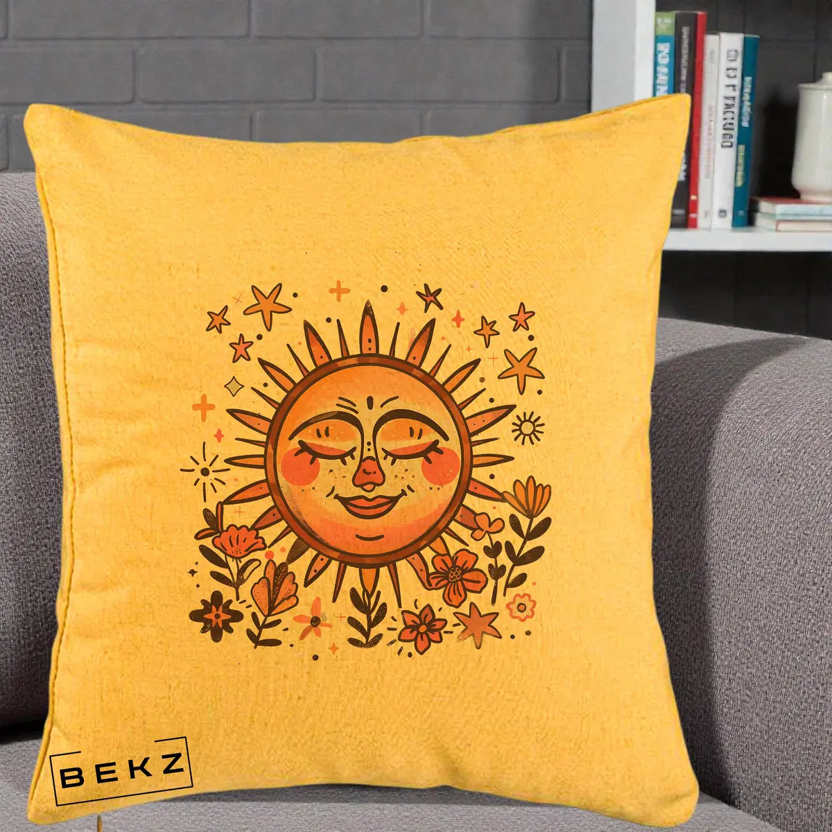 Perna Decorativa Soare Retro Boho Floral, 40x40 cm, Galben, Husa Detasabila, Perna, BEKZ®