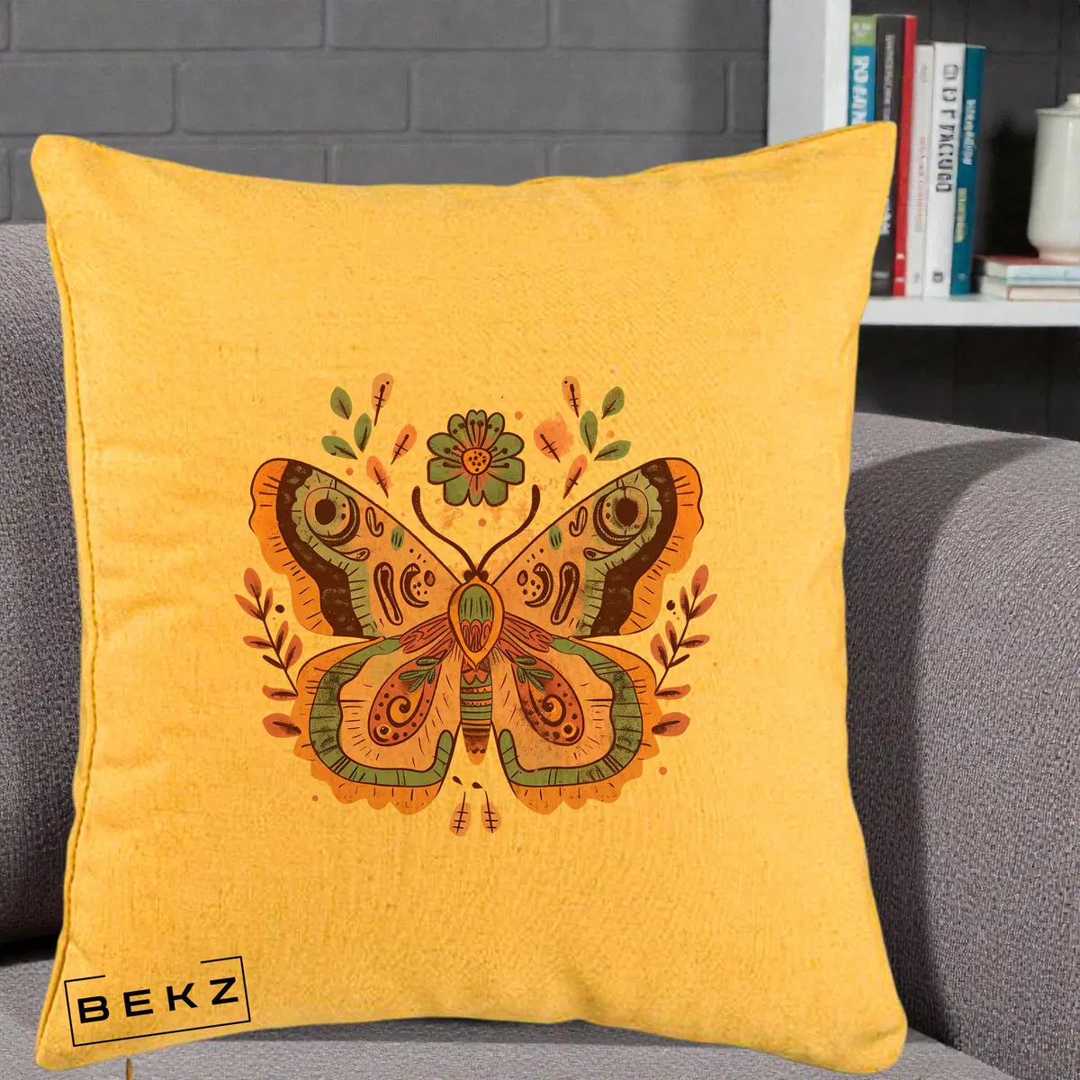 Perna Decorativa Fluture Boho Floral, 40x40 cm, Galben, Husa Detasabila, Perna, BEKZ®