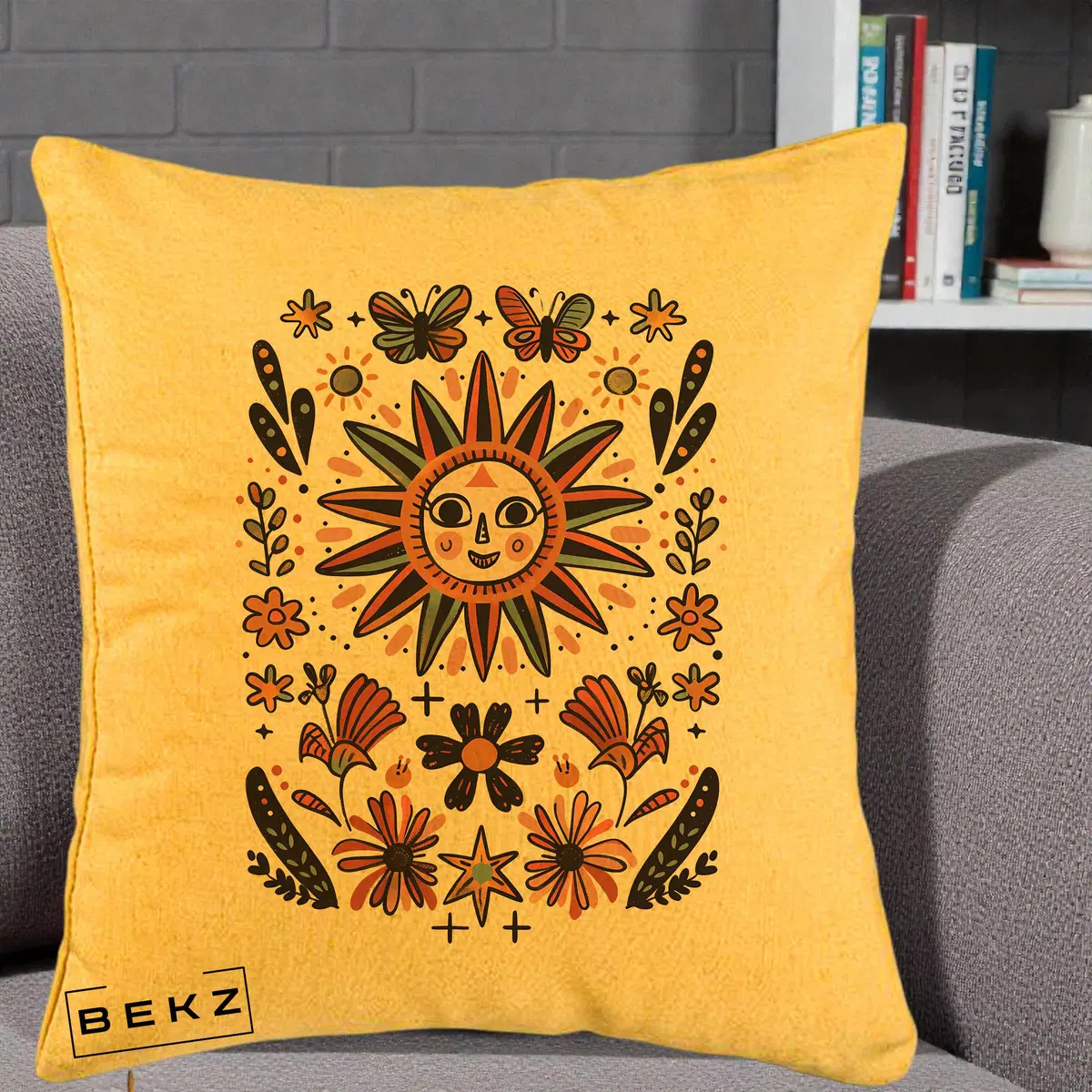 Perna Decorativa Soare Boho Folk Fluturi, 40x40 cm, Galben, Husa Detasabila, Perna, BEKZ®