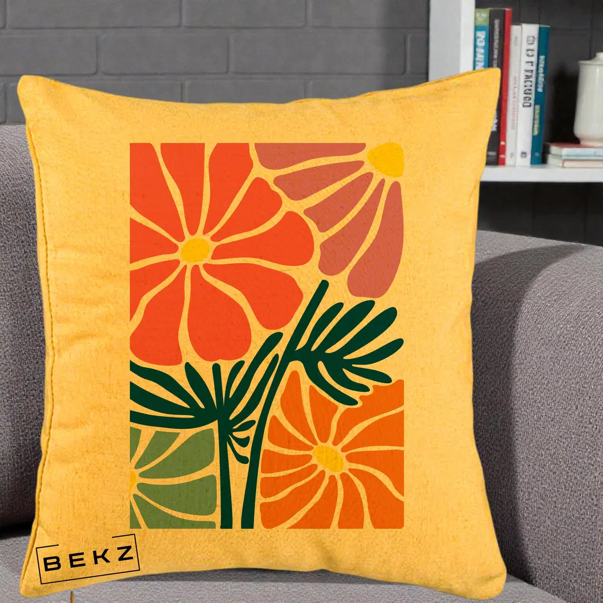 Perna Decorativa Flori Grafice Roz-Orange-Albastru, 40x40 cm, Galben, Husa Detasabila, Perna, BEKZ®
