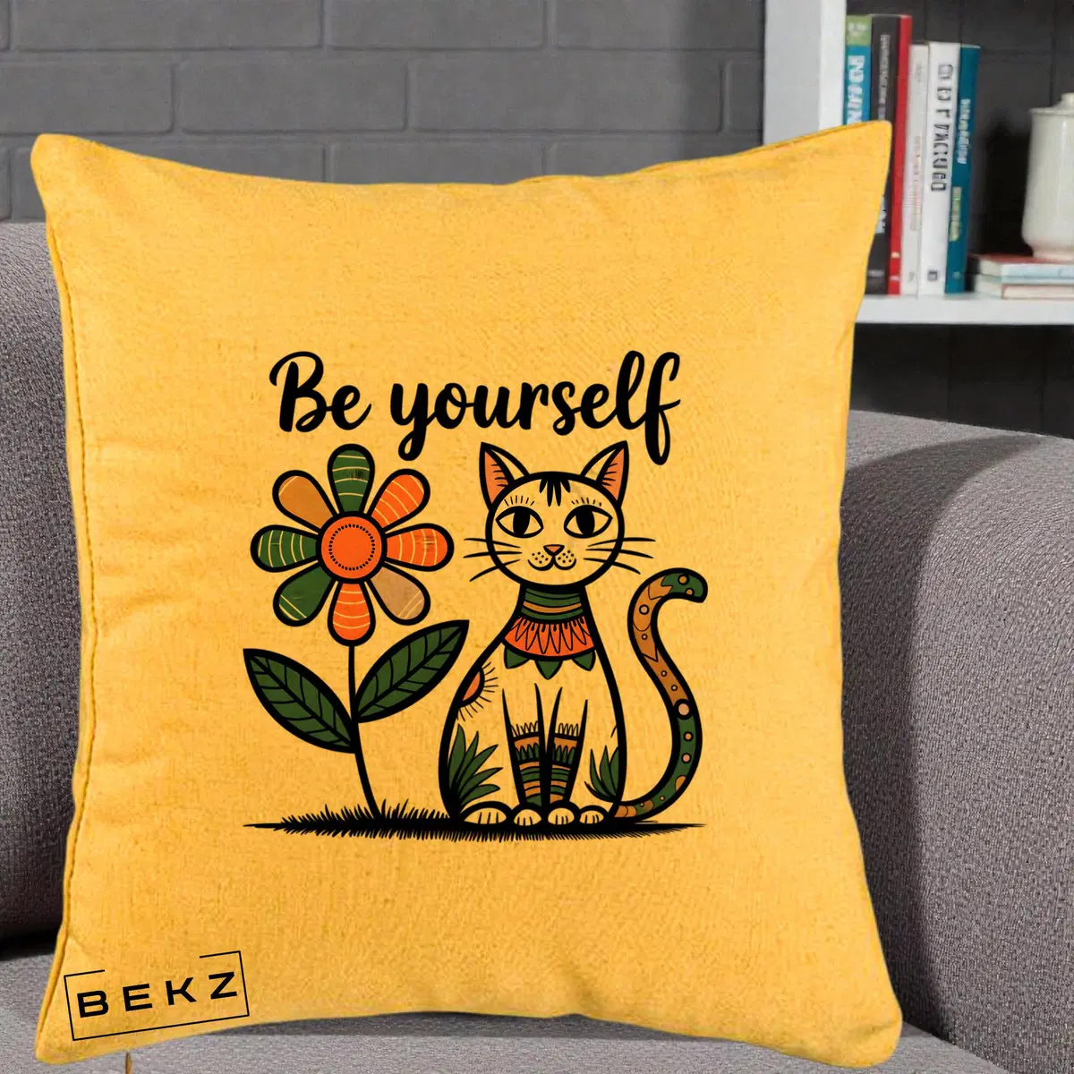 Perna Decorativa Be Yourself Pisica Folk, 40x40 cm, Galben, Husa Detasabila, Perna, BEKZ®