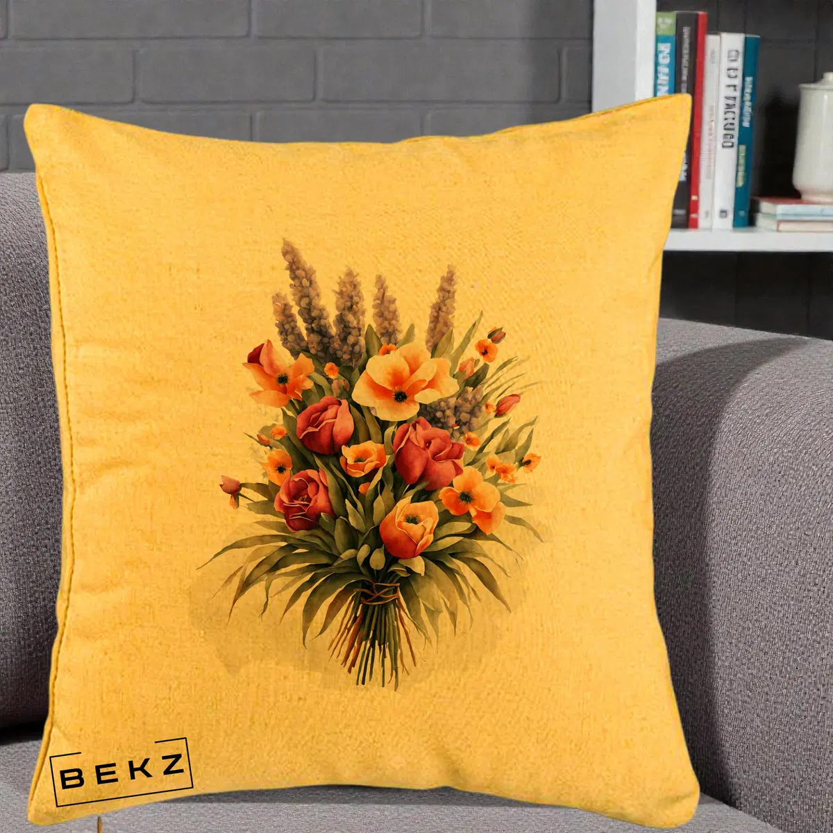 Perna Decorativa Buchet Mixt Acuarela Lavanda-Trandafiri, 40x40 cm, Galben, Husa Detasabila, Perna, BEKZ®