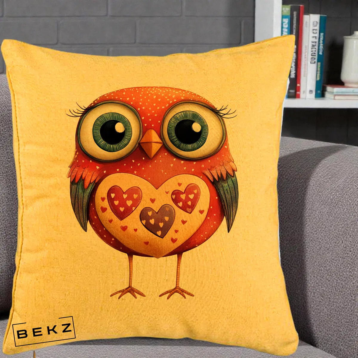 Perna Decorativa Bufnita Rosie cu Inimi Aurii, 40x40 cm, Galben, Husa Detasabila, Perna, BEKZ®