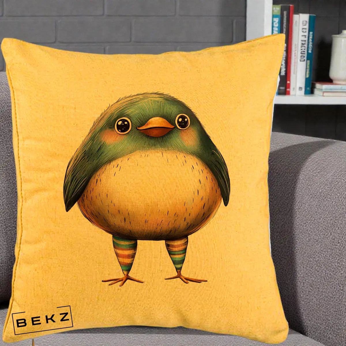 Perna Decorativa Pasare Teal-Bej cu Sosete Curcubeu, 40x40 cm, Galben, Husa Detasabila, Perna, BEKZ®