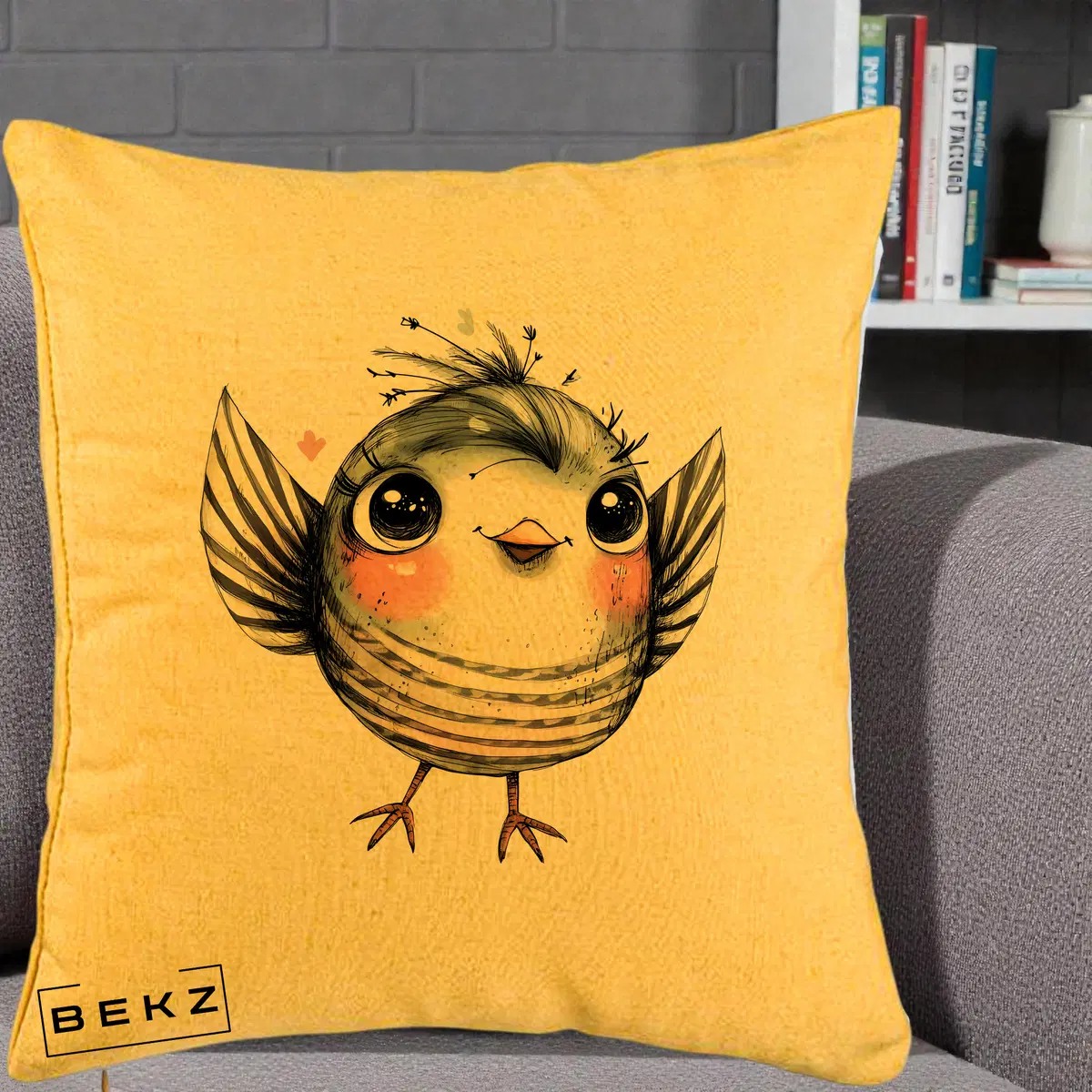 Perna Decorativa Pasare Gri cu Aripi si Inimioare, 40x40 cm, Galben, Husa Detasabila, Perna, BEKZ®
