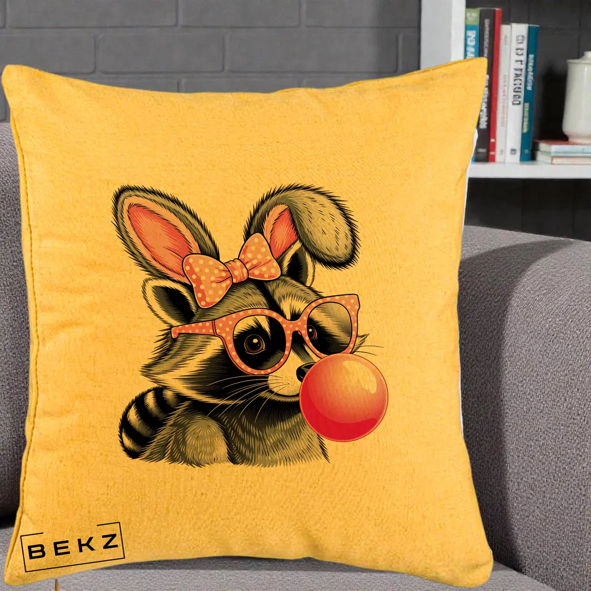 Perna Decorativa Raton cu Urechi de Iepure si Guma de Mestecat, 40x40 cm, Galben, Husa Detasabila, Perna, BEKZ®