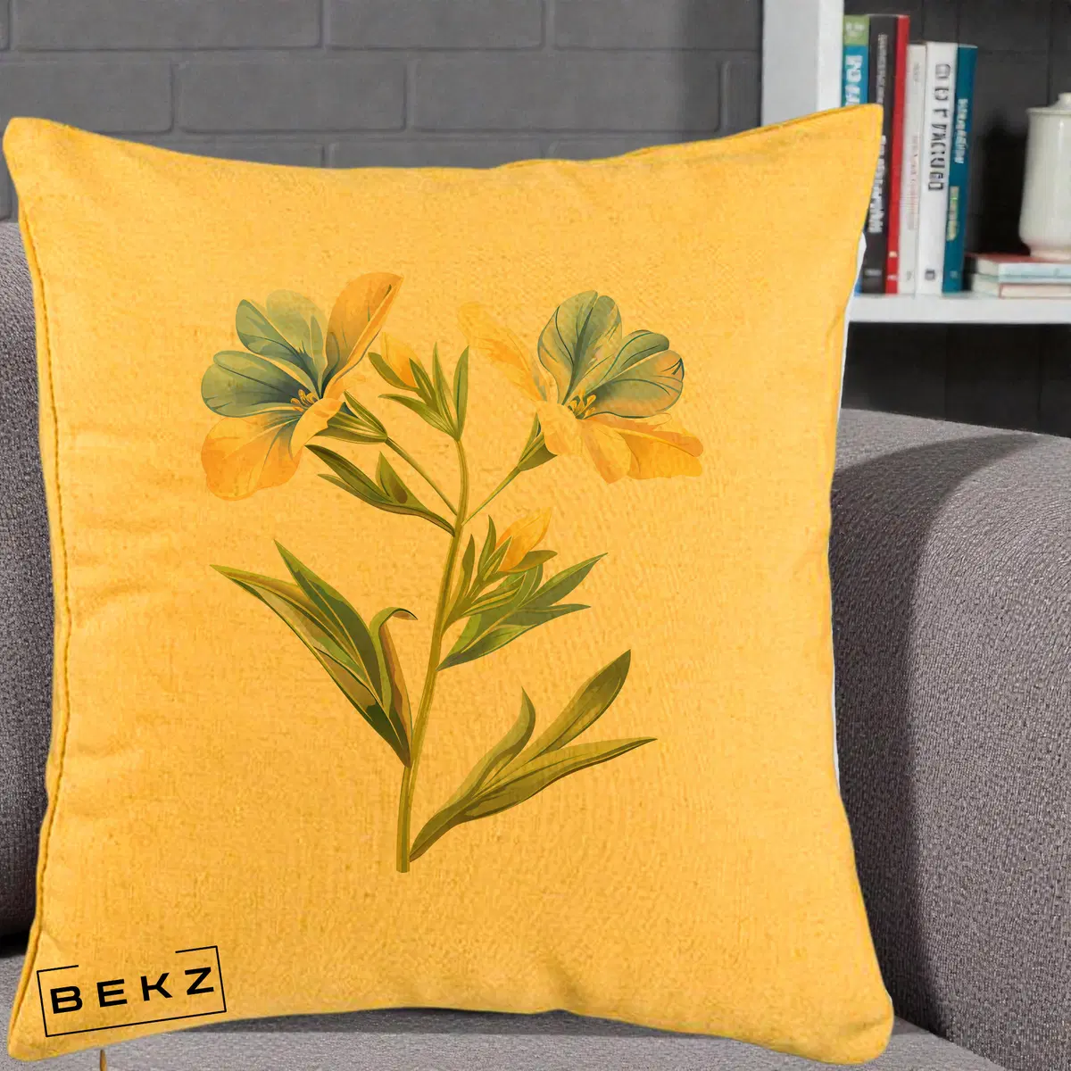 Perna Decorativa Botanica Frezie Galbena si Albastra, 40x40 cm, Galben, Husa Detasabila, Perna, BEKZ®