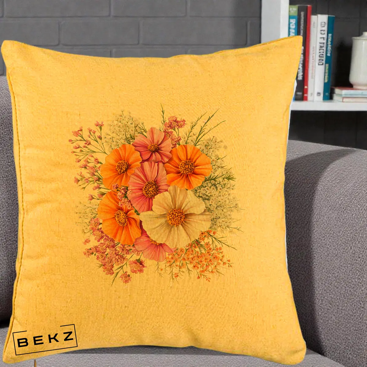 Perna Decorativa Buchet Cosmos Portocaliu Roz si Alb, 40x40 cm, Galben, Husa Detasabila, Perna, BEKZ®