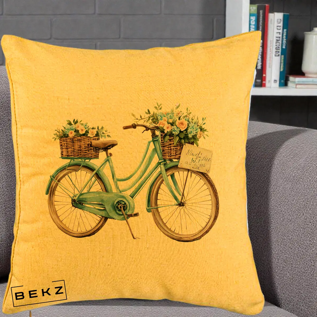 Perna Decorativa Bicicleta Teal cu Cosuri Duble de Flori Vintage, 40x40 cm, Galben, Husa Detasabila, Perna, BEKZ®