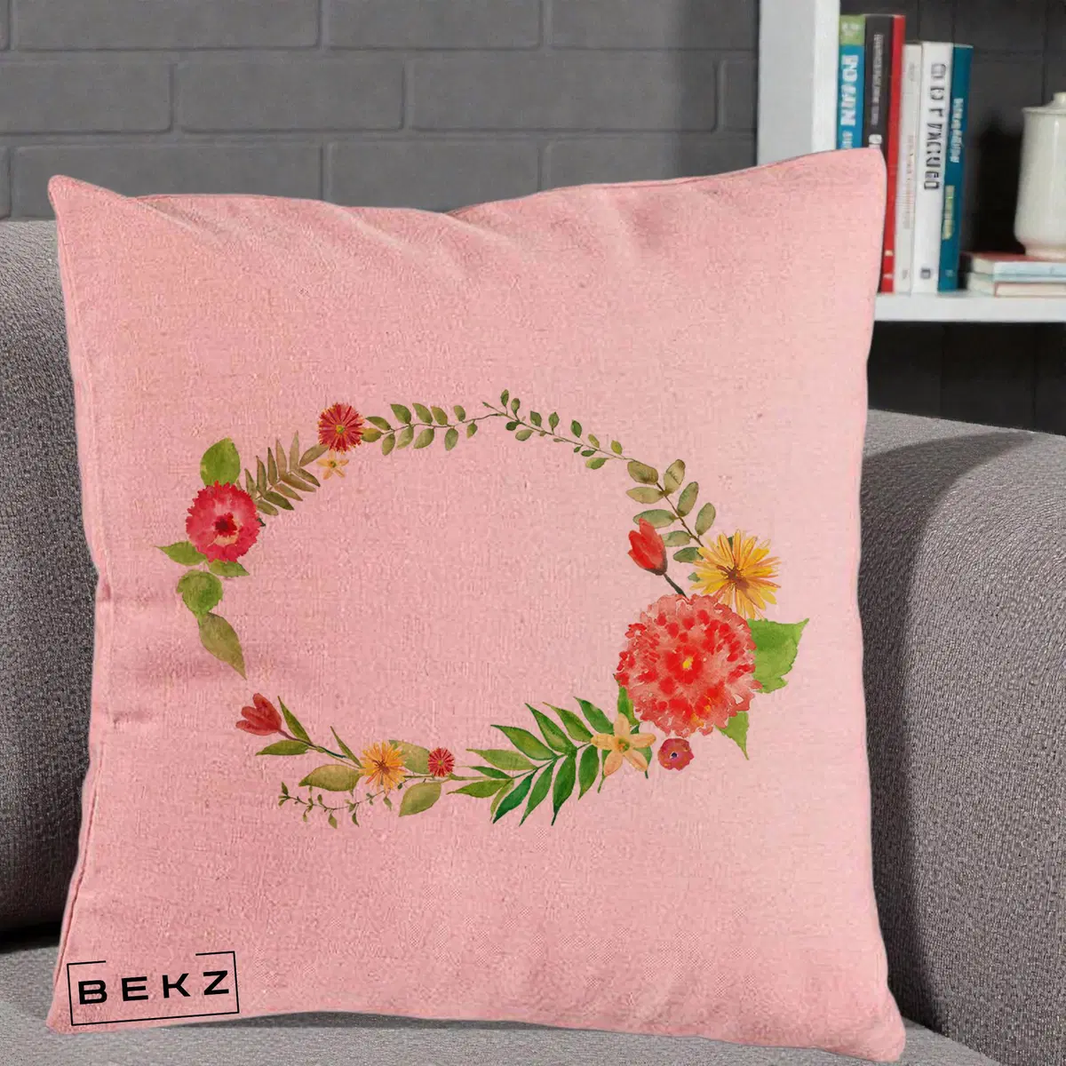 Perna Decorativa Coroana Florala Acuarela, 40x40 cm, Roz, Husa Detasabila, Perna, BEKZ®