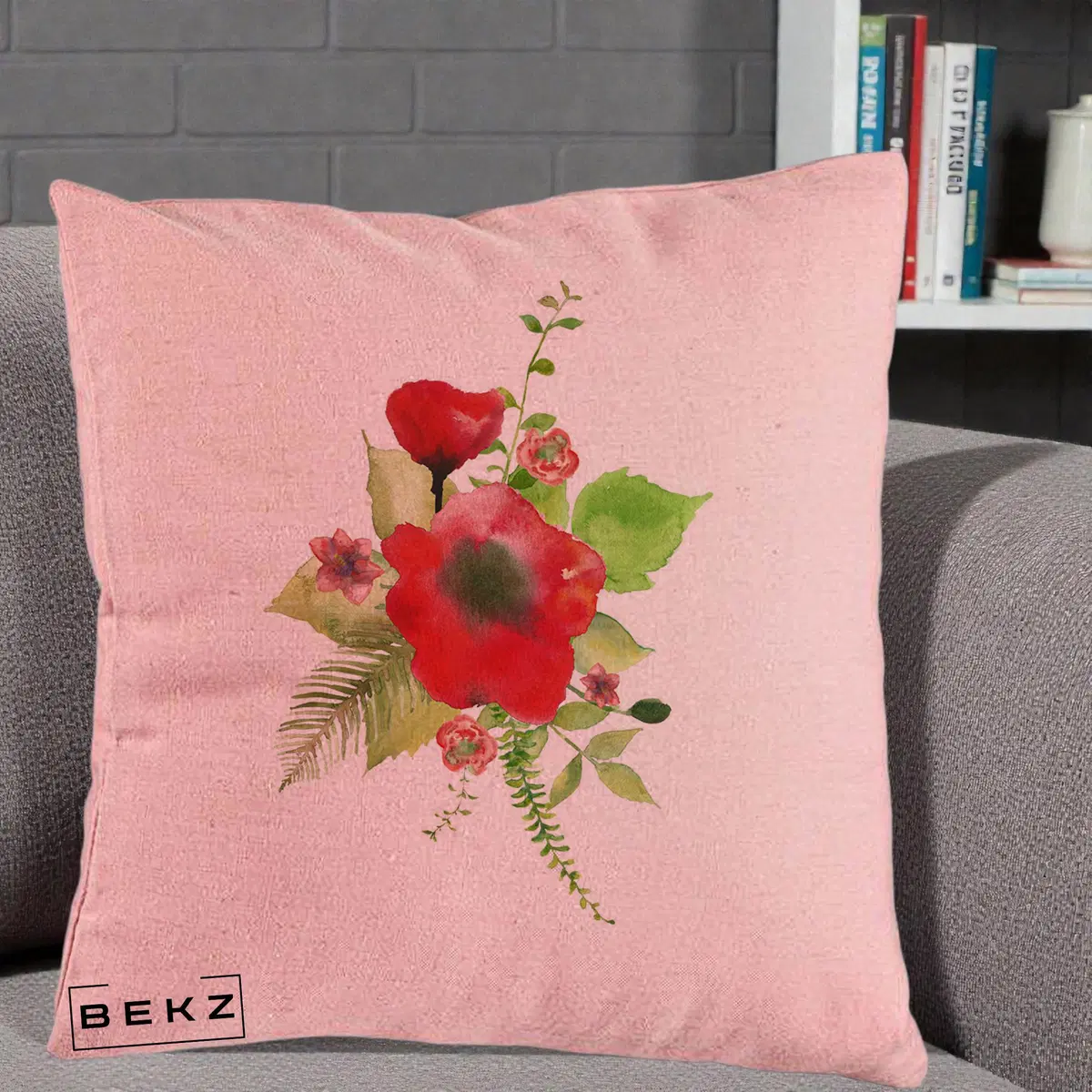 Perna Decorativa Buchet Rosu Acuarela, 40x40 cm, Roz, Husa Detasabila, Perna, BEKZ®