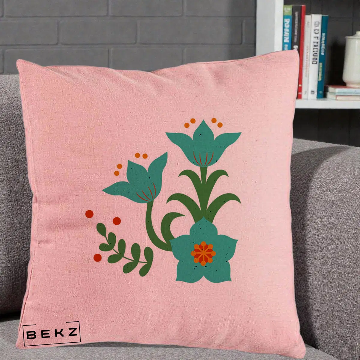 Perna Decorativa Flori Stilizate Folk Turcoaz, 40x40 cm, Roz, Husa Detasabila, Perna, BEKZ®