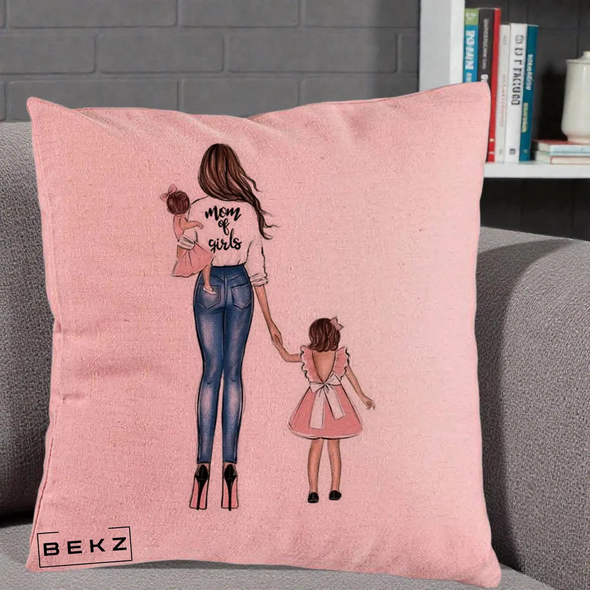 Perna Decorativa Mom of Girls Mama cu Fetele, 40x40 cm, Roz, Husa Detasabila, Perna, BEKZ®