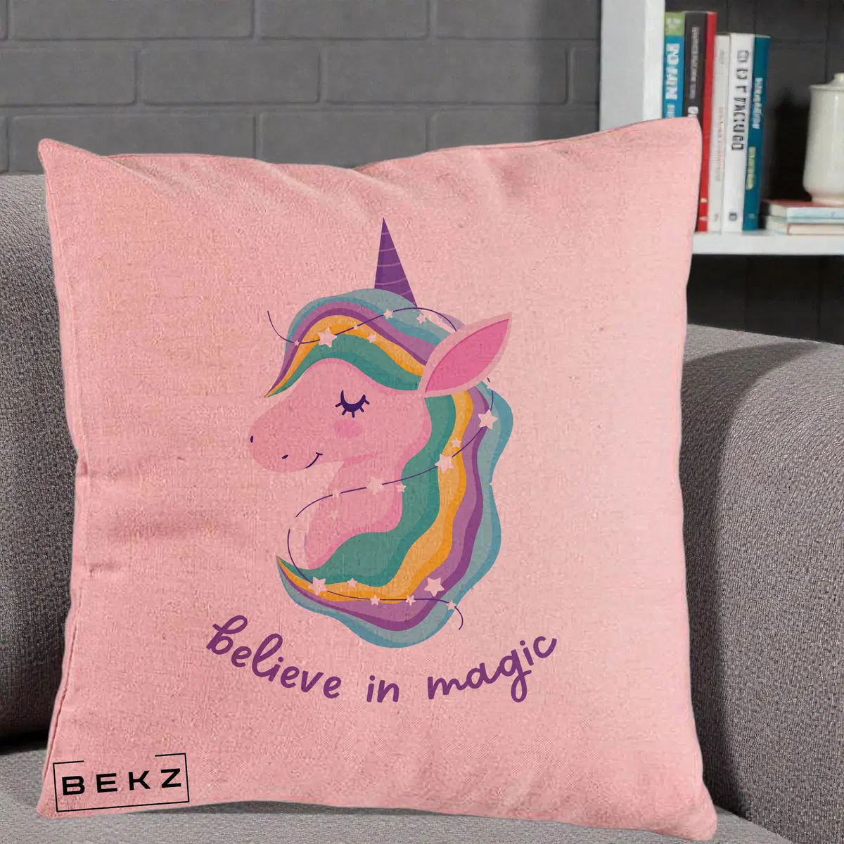 Perna Decorativa Unicorn Believe in Magic, 40x40 cm, Roz, Husa Detasabila, Perna, BEKZ®