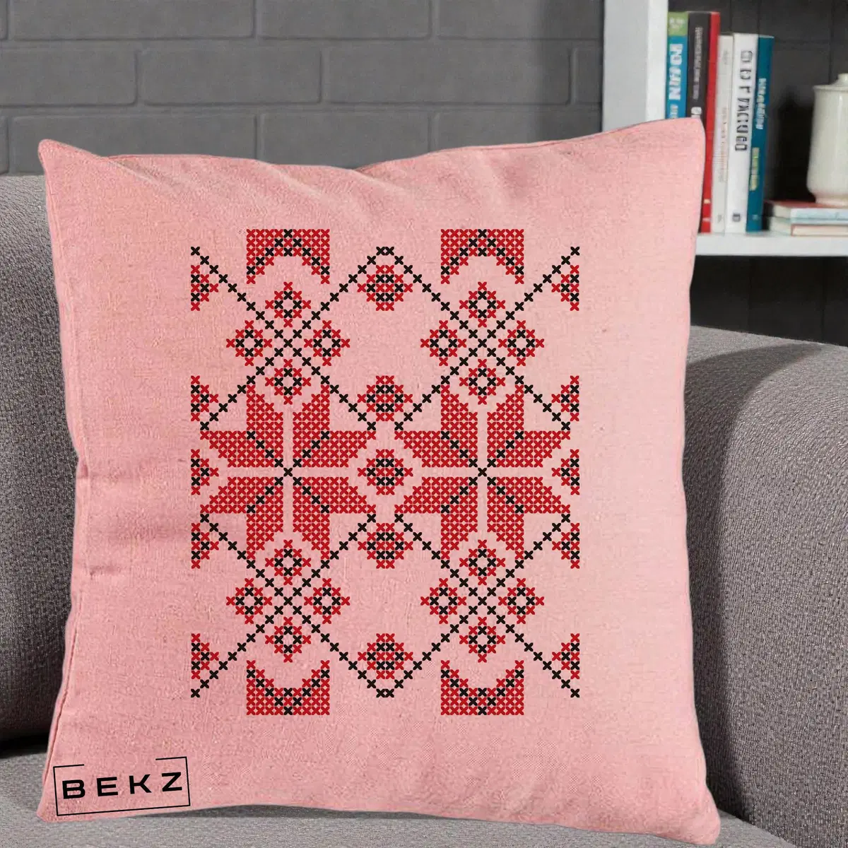 Perna Decorativa Motiv Traditional Cusatura Rosu-Negru, 40x40 cm, Roz, Husa Detasabila, Perna, BEKZ®