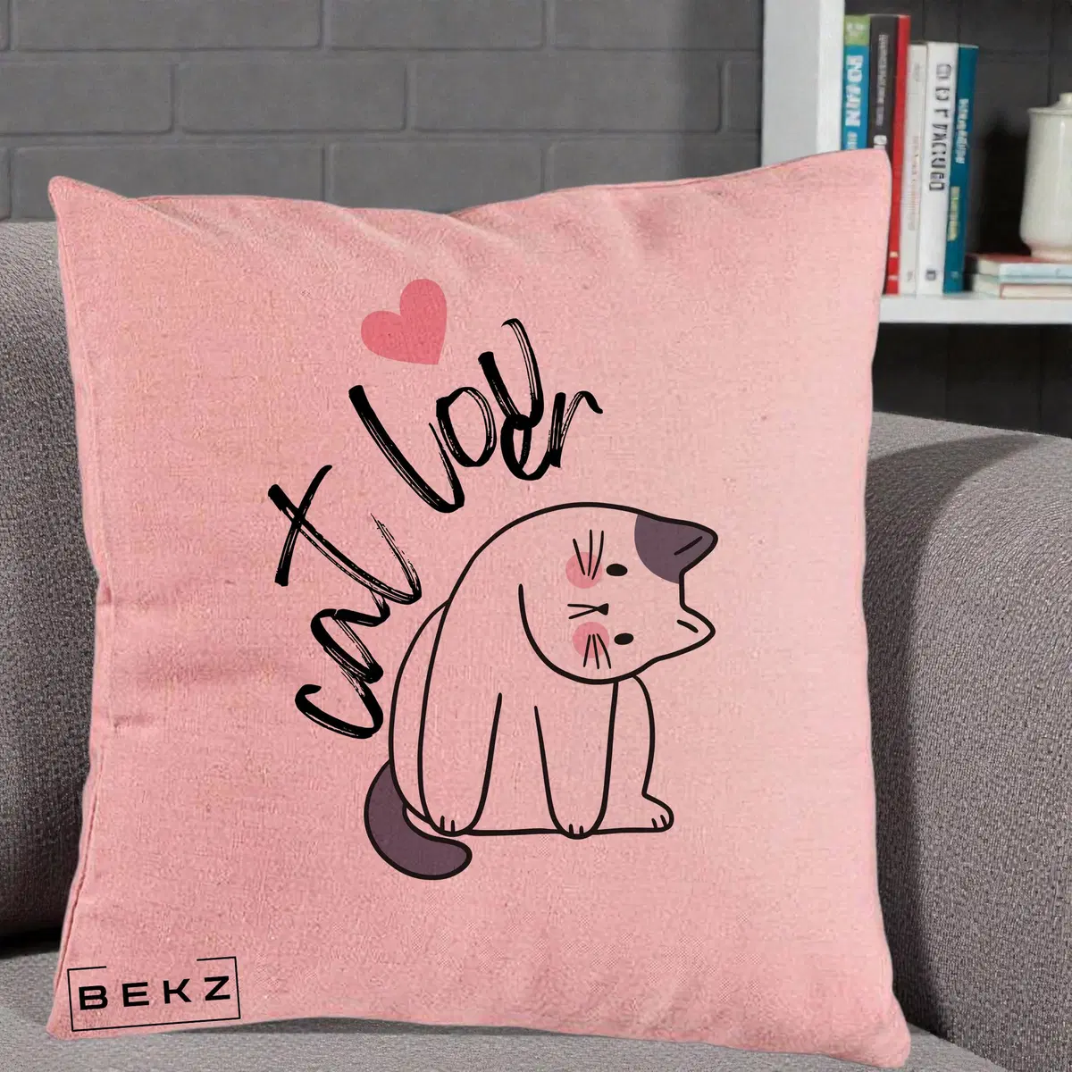 Perna Decorativa Cat Lover Pisica Ilustratie Linie, 40x40 cm, Roz, Husa Detasabila, Perna, BEKZ®