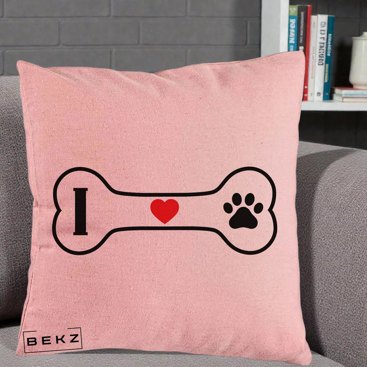 Perna Decorativa I Love Dog Os si Labuta, 40x40 cm, Roz, Husa Detasabila, Perna, BEKZ®