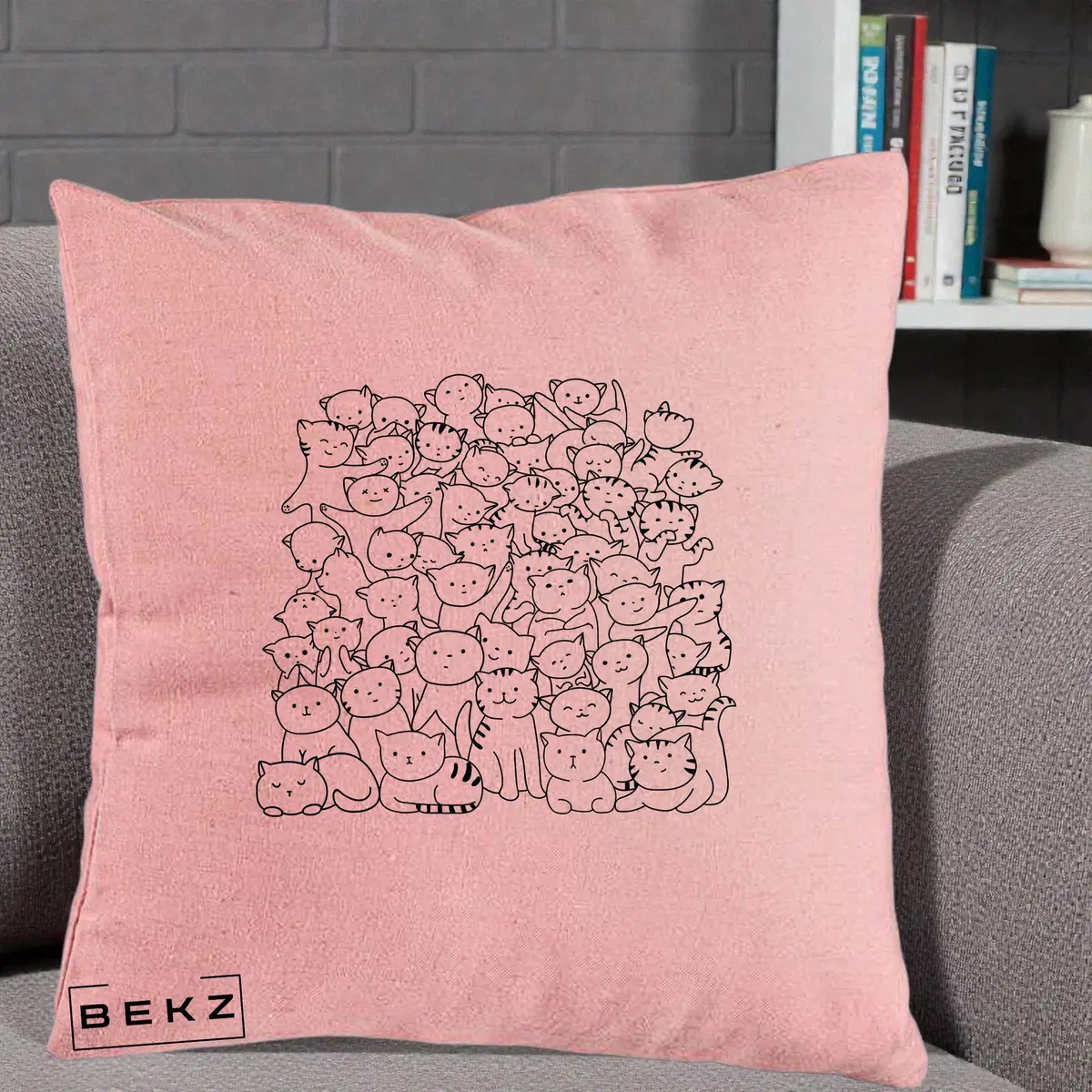 Perna Decorativa Many Cats Pattern Alb-Negru, 40x40 cm, Roz, Husa Detasabila, Perna, BEKZ®