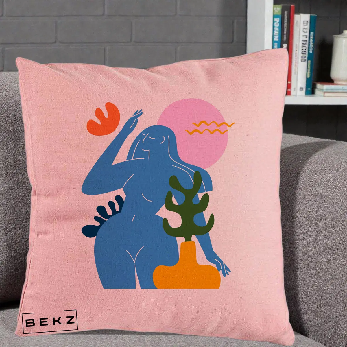 Perna Decorativa Femeie Albastra Cactus, 40x40 cm, Roz, Husa Detasabila, Perna, BEKZ®
