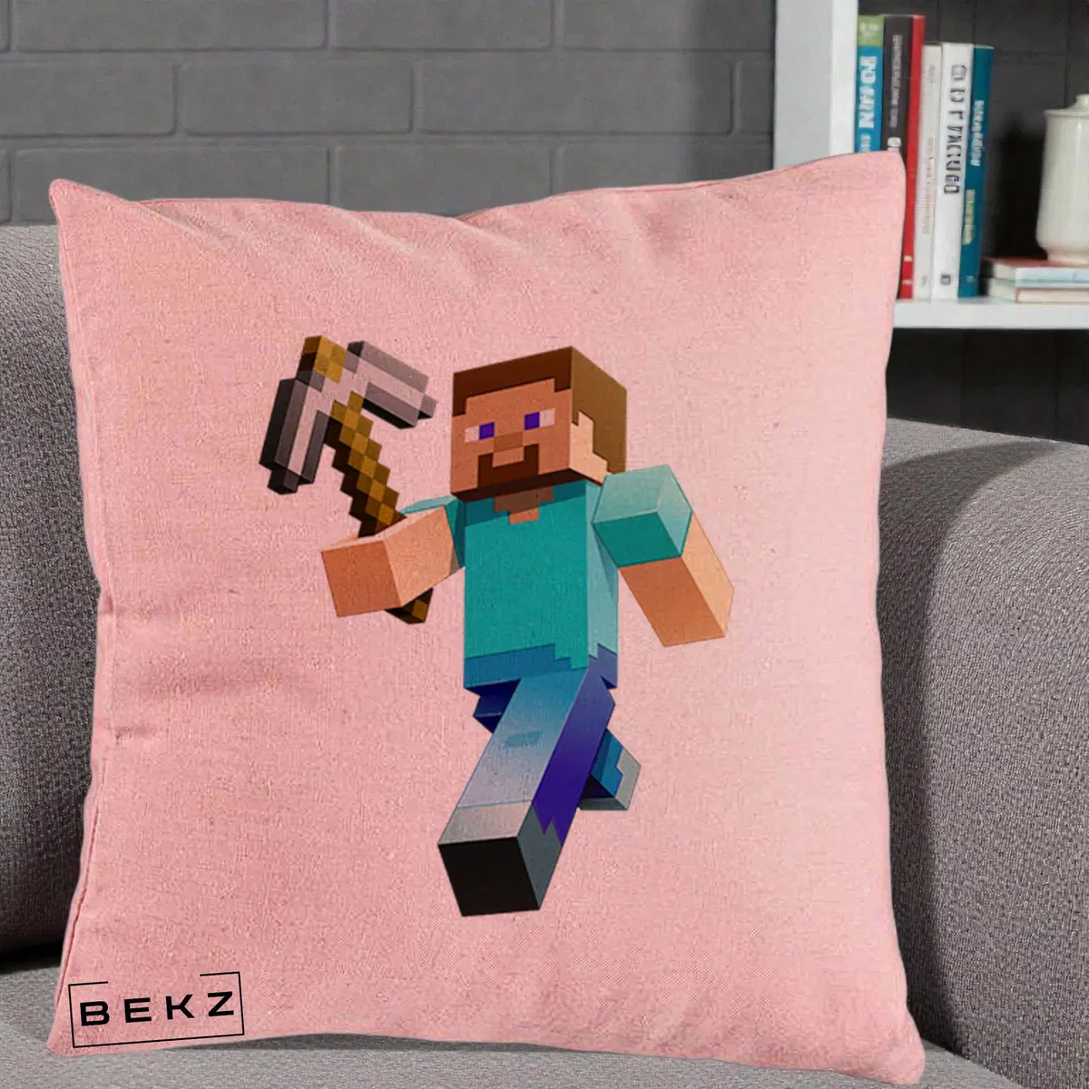 Perna Decorativa Minecraft Steve cu Tarnacop, 40x40 cm, Roz, Husa Detasabila, Perna, BEKZ®