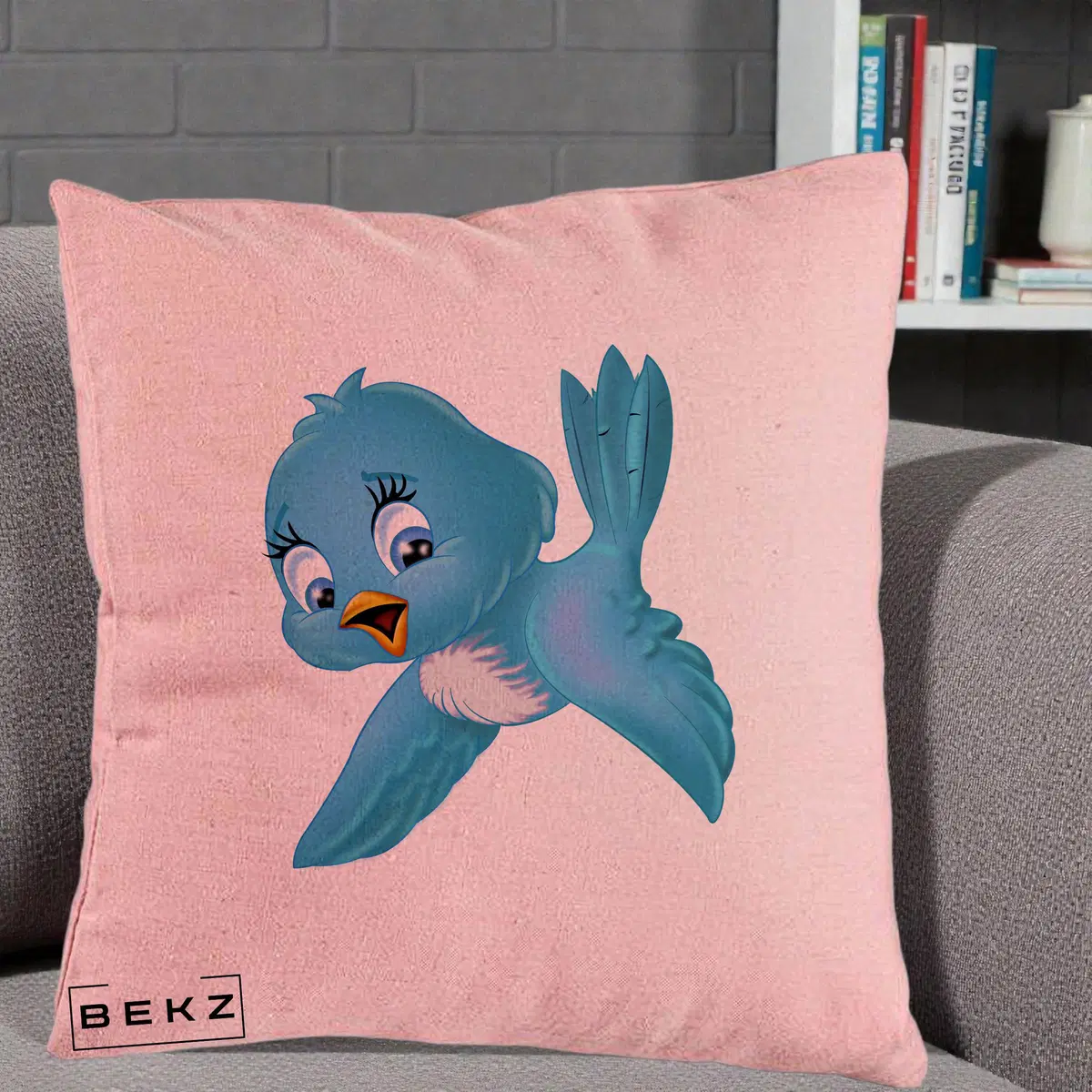 Perna Decorativa Pui de Pasare Albastru, 40x40 cm, Roz, Husa Detasabila, Perna, BEKZ®