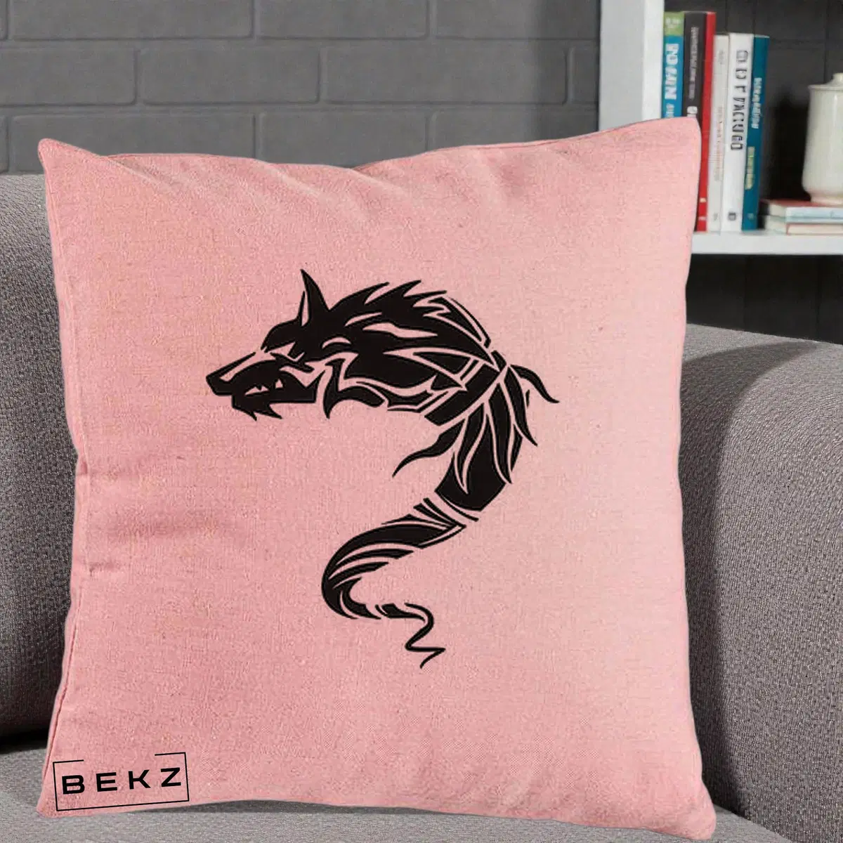 Perna Decorativa Lup Tribal Alb-Negru, 40x40 cm, Roz, Husa Detasabila, Perna, BEKZ®